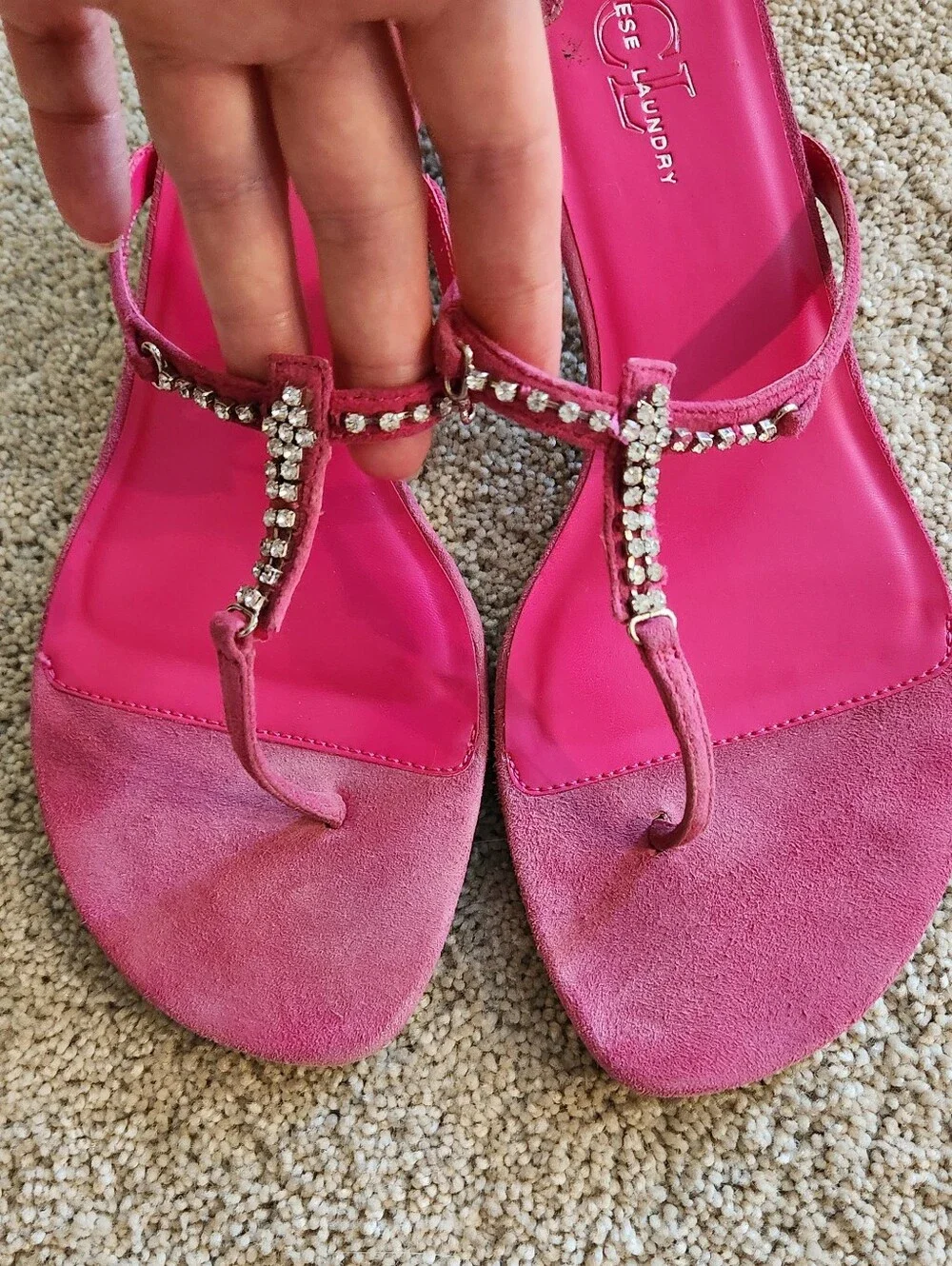 Y2K Vintage CL Chinese Laundry Hot Pink Rhinestone Chunky Kitten Heel Thong 9